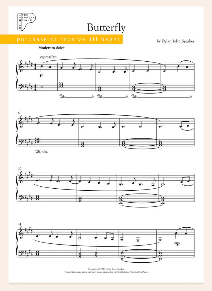 Butterfly - Dylan John Sparkes - Piano Sheet Music