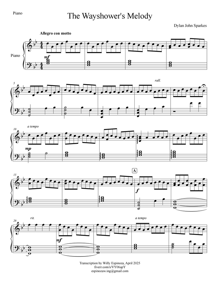 The Wayshower's Melody - Dylan John Sparkes - Piano Sheet Music